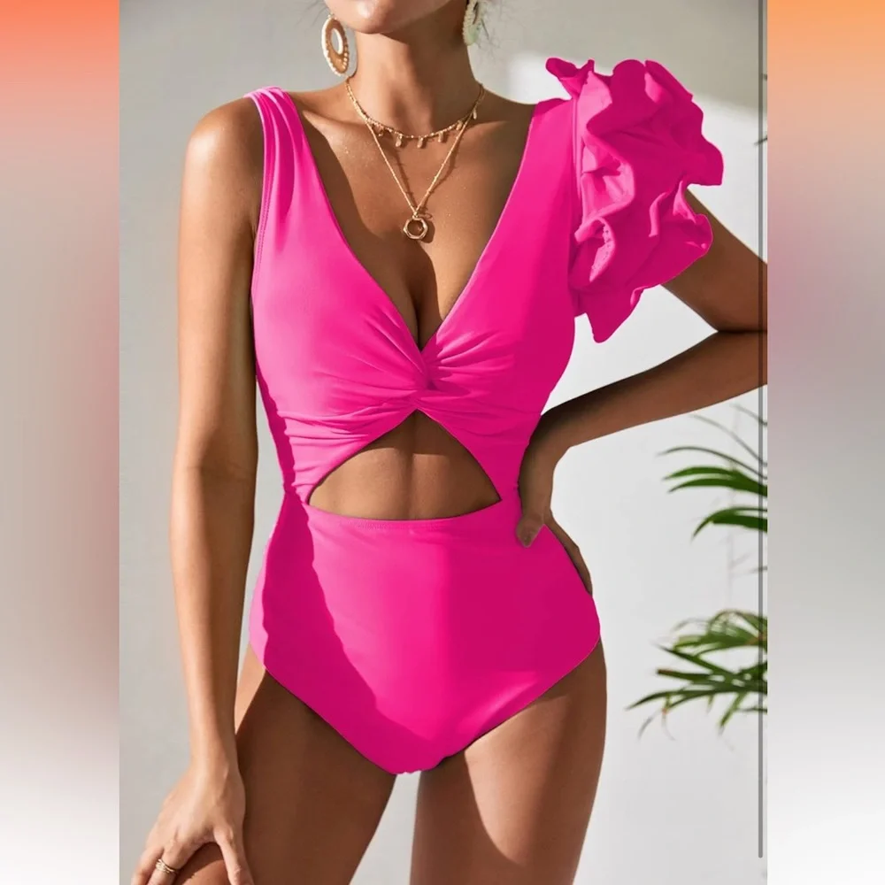 Barbie Hot Pink Ruffled Cut-Out Plunging Swimsuit